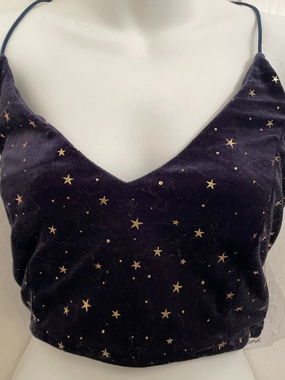 Romwe Dark Blue Velvet Crop Halter all-over Metallic Gold Star Print size L NWT